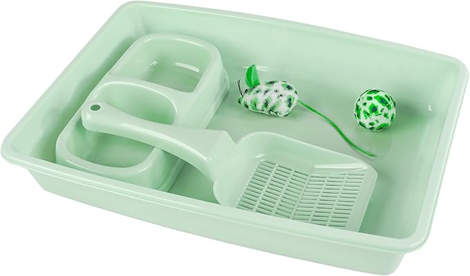 Green Cat Litter Box Set, Small Cat Kitten Starter Kit with Litter Scoop, Cat Bowl, Kittens Toy; Heated Cat Bed Indoor, Microwavable Heating Pads for Cats with 2 Cozy Covers