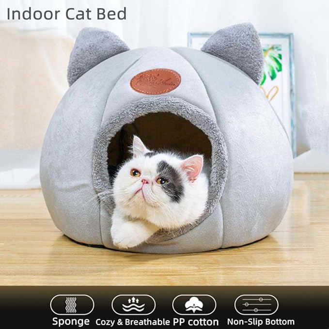 Cat Beds for Indoor Cats, Cozy Cat Cave Bed Dog House Cats Tent with Removable Cushion Pillow, Soft Warm Pet House Puppy Bed, Cute Pet Nest for Kitten Small Dog (Gray, M-13x13x13 Inches)