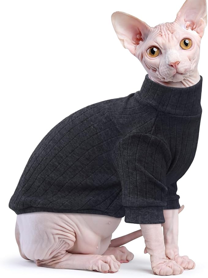 Idepet Sphynx Hairless Cats Sweater Shirt Kitten Soft Puppy Clothes Pullover Cute Cat Pajamas Jumpsuit Cotton Apparel Pet Winter Turtleneck for Cats and Teacup Chihuahua Small Dogs(Black,L)