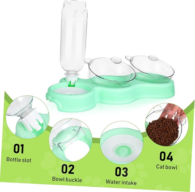 BESTonZON 3-in-1 Multifunctional PET Bowls for Food and Water Double Plastic Bowls with Automatic Water Bottle Feeding Solution for Small Cats and Dogs