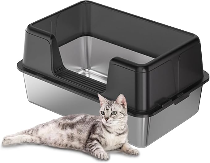 Stainless Steel Cat Litter Box, Extra Large Covered Litter Box for Big Cats, Enclosure XXL Metal Litter Pan Tray, High Sided,Anti-Leakage,Easy Cleaning, Non-Sticky,23.6 x 15.7 x 14.37,B