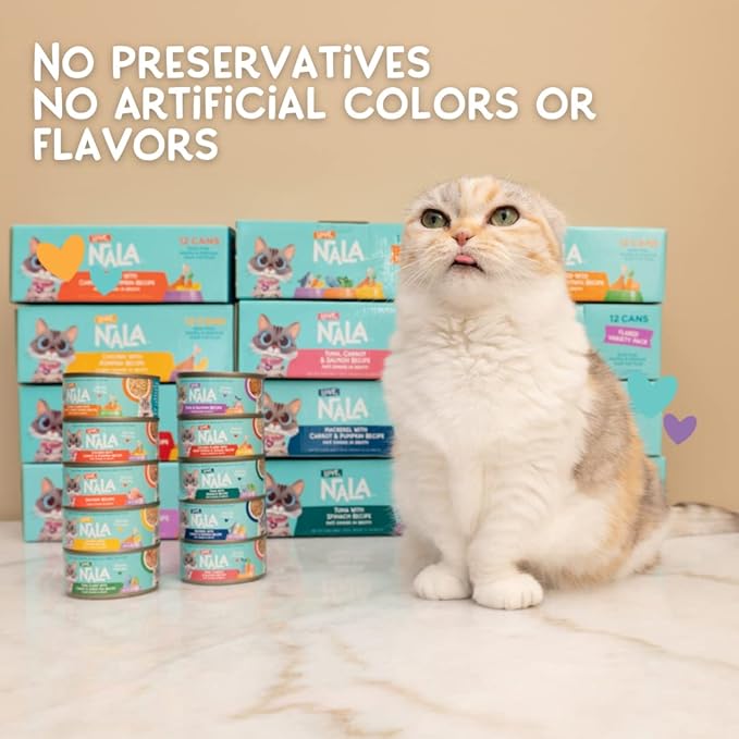 LOVE, NALA Natural Flaked Wet Cat Food Variety Pack – Salmon, Tuna with Carrot & Pea, Chicken with Pumpkin – Grain Free, Non-GMO, High Protein, Omega-3, Added Vitamins & Minerals, 12 Pack (2.4 lb)