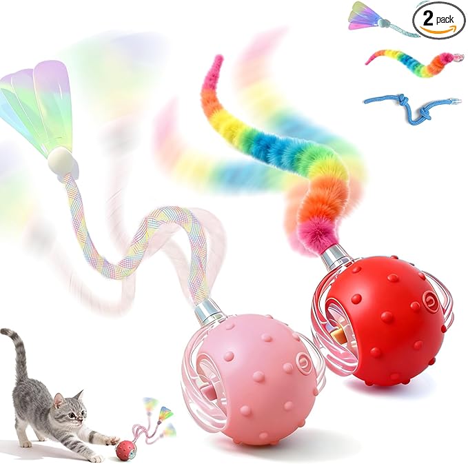 2 Pack Interactive Cat Toys for Indoor Cats with 3 Tails,Automatic Moving Kitten Toys,Cat Toys for Bored Indoor Adult Cats,Smart Rechargeable Cat Enrichment Toys for Cats to Keep Them Busy, Cat Balls