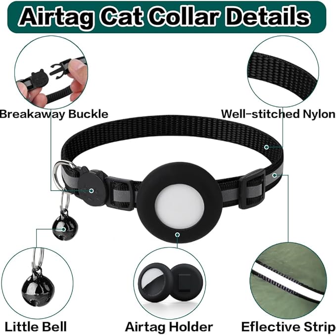 Airtag Cat Collar Breakaway, Reflective Kitten Collar with Apple Air Tag Holder and Bell for Girl Boy Cats, 0.4 Inches in Width and Lightweight (Blue)