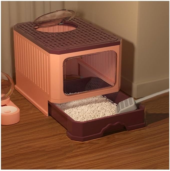 Pet Supplies, Enclosed Cat Litter Box with Lid & Scoop,Front Entry, Top Exit Design(Pink)