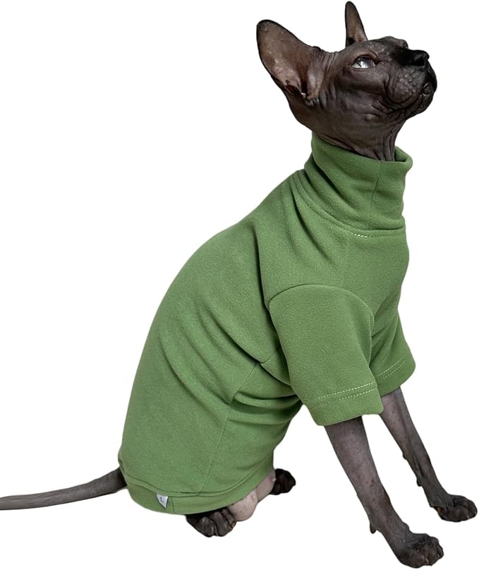 Sphynx Cats Solid Warm Fleece Shirt Cat Turtleneck Undershirt Thermal Hairless Cat Clothes for Sphynx, Devon, Cornish Cat Clothes and Small Kitten and Dogs (Green, X-Large)