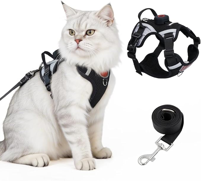 Cat Harness and Leash Set with Holder Compatible with AirTag, Escape Proof Kitten Harness with Lead for Small Cats, Soft Mesh Puppy Jacket Vest for Outdoor Walking, Reflective & Adjustable, Black, S
