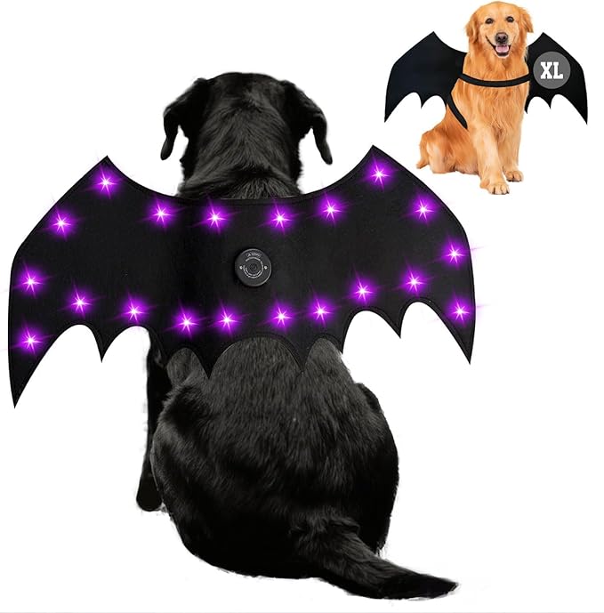 LED Bat Wings for Pets - Halloween Costume with 20 Lights, 4 Modes, Adjustable Fit for Cats & Dogs, Safe Soft Material for Party Trick or Treat （XL Size）
