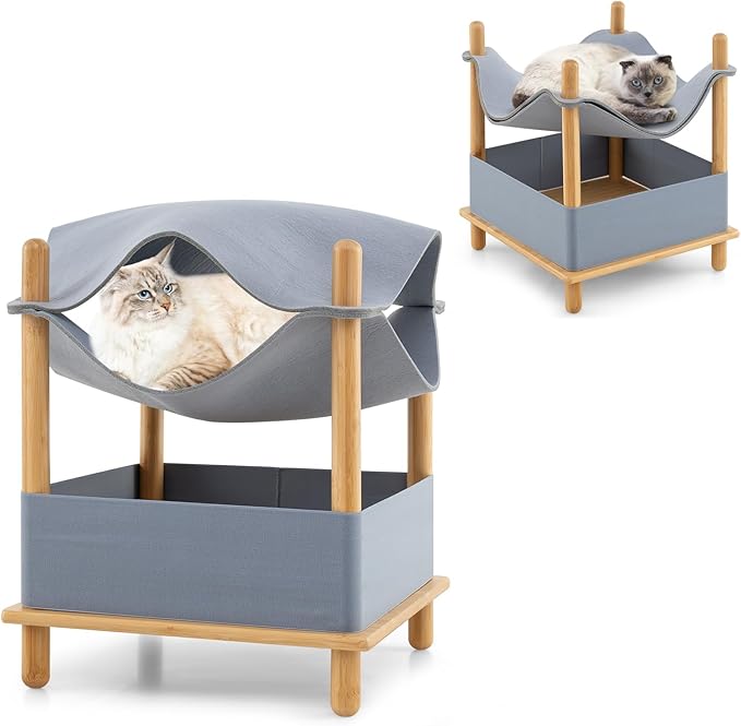 Tangkula Elevated Cat Hammock Bed, 2-Tier Bamboo Pet Bunk Beds for Indoor Cats, Modern Raised Hanging Bed with Semi-Enclosed Condo, Removable & Washable Felt Fabric, Extra Storage Space (Gray)