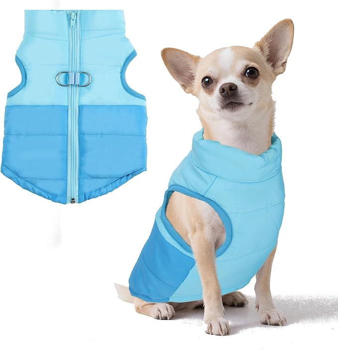 Winter Dog Coat with Leash Ring, Warm Jackets Puppy Cold Weather Coats Pet Clothes Cat Outfits for Small Dogs (Blue+Dark Blue, Large)