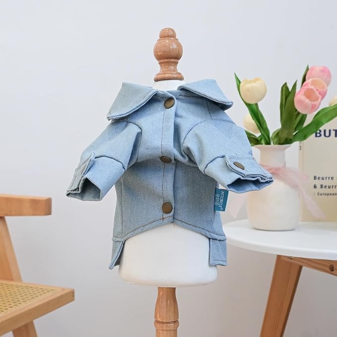 Denim Dog Jacket for Small Dogs & Cats, “Daddy’s Princess” Embroidered Pet Coat with Pearls & Bow, Light Blue Jean Outfit with D-Ring, Cute Apparel for Walks, Photos, Parties & Holidays(S)