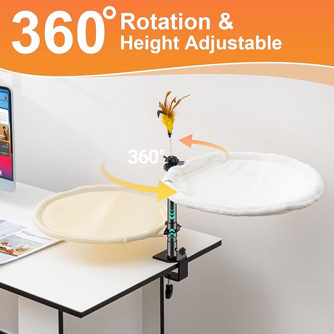 Uross Cat Desk Bed- Double Layers Adjustable Height 360 Rotation Cat Desk Perch Mount for Office and Game Tables, Attachment Desktop Bed with 2 Washable Covers, Soft Rabbit Fur& Breathable Mesh -Beige