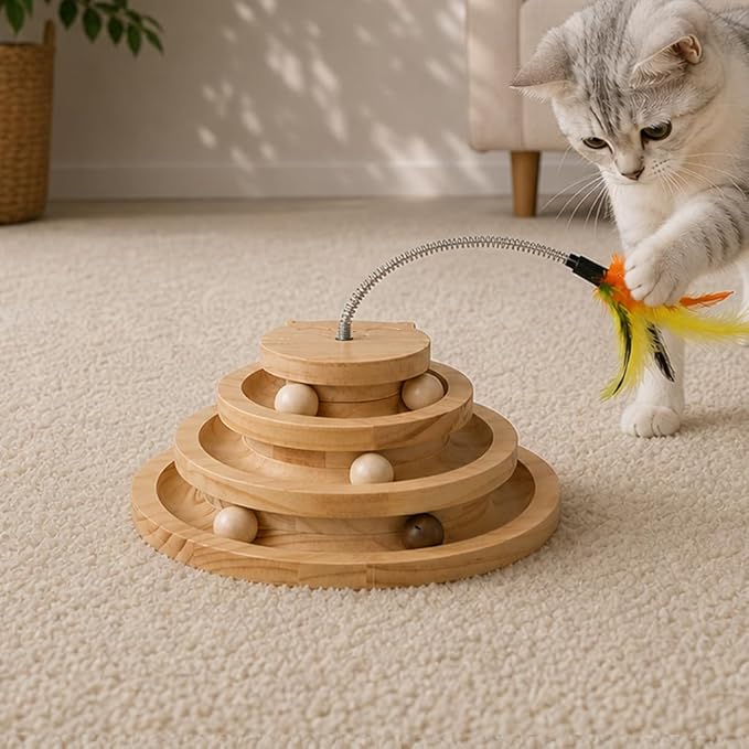 Cat Toy Ball Track with Feather Wand, 4 Layer Large Wooden Cat Ball Tower (9.9”) for Indoor Cats, Interactive Self Play Cat Toy with Bell Balls, Durable Pine Track for Big & Multi Cat Homes