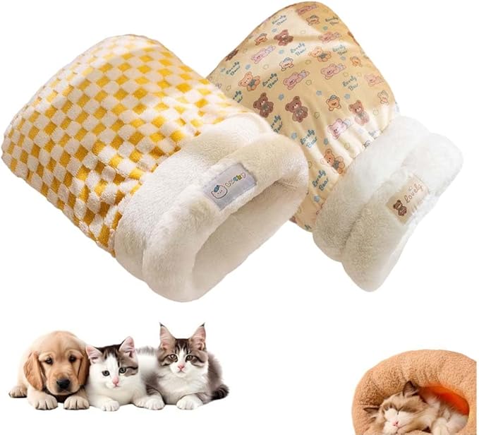 Winter Warming Cat Sleeping Bag，Soft Plush Sleeping Bag for Indoor Cats，Cozy Pet Nest for Cats and Dogs, Portable Calming Pet Nests，Cat Cave Bed Self Warming Bed (Brown+Yellow, Medium（18 *15.5 in）)