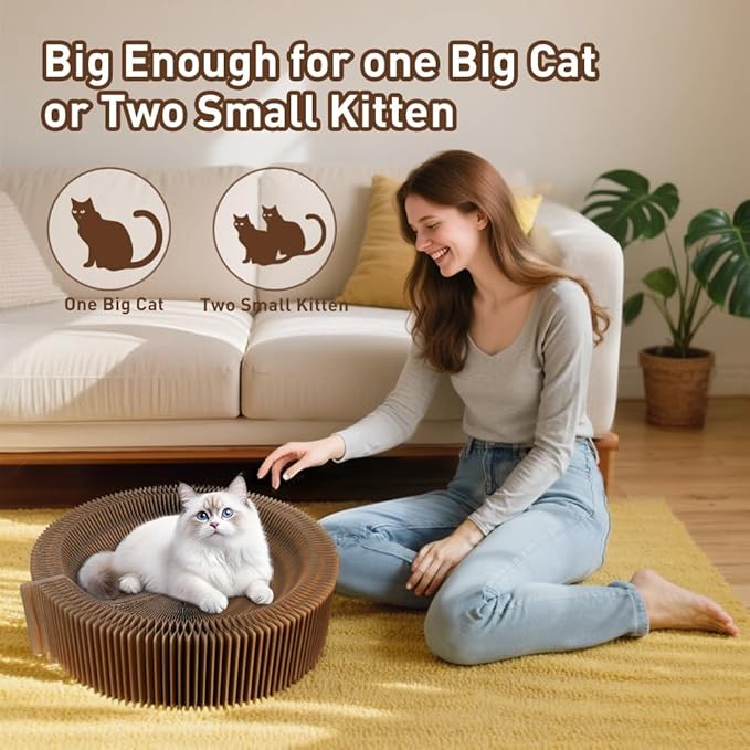 Cat Bed Scratcher Lounge - Cardboard Collapsible Pet Scratching Pad, Round Cat Scratch Nest for Indoor Big Large Kitty Kitten