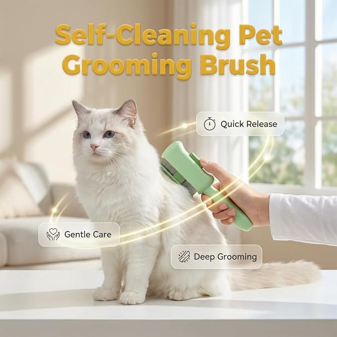 Cat Self Cleaning Pet Hair Removal Comb, Cat Grooming Brush With Long Short Stainless Steel Metal Teeth, Pet Grooming Brush For Home, Portable Cat And Dog Grooming Comb For Travel (Pink)