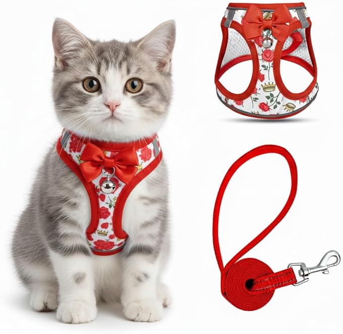 Cat Harness and Leash Escape Proof for Walking, Adjustable Soft Kitten Harness with Reflective Straps Step in Cat Vest Harness for Small Kitten and XS Dogs (Red, XS-Chest(10.2"-11.8"))