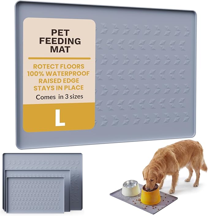 Silicone Pet Feeding Mat - 100% Waterproof Dog & Cat Bowl Pad with Raised Edges - Protects Floors from Messy Eaters & Spills - Anti-Slip, 100% PET-Safe, Dishwasher Safe (Grey 28" x 20")