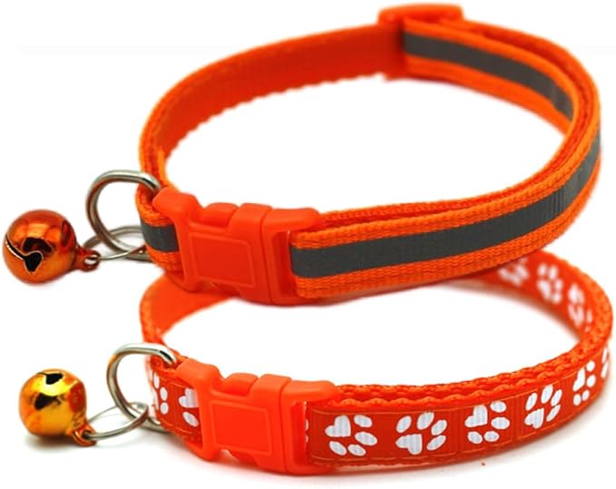 Orange Dog Collar with Bell, 2-Pack Basic & Reflective Kitten Collars with Bells for XXS Xs Small Tiny Pet Male Dogs Boy Animal, Neck 7-12 inch