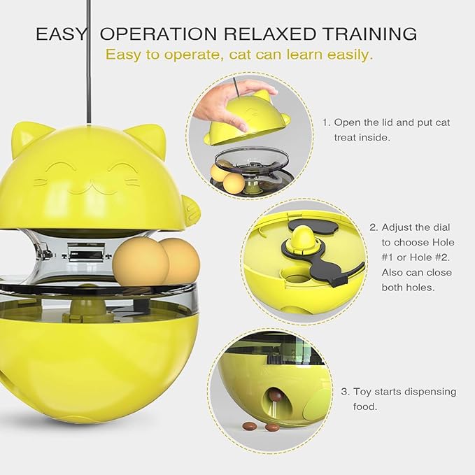 Interactive Cat Toy for Indoor Cats Wobble Treat Dispenser Ball Kitten Food Dispenser & Puzzle Feeder Balls & Enrichment Toys & Mental Stimulation Interactive Brain Game (Yellow)