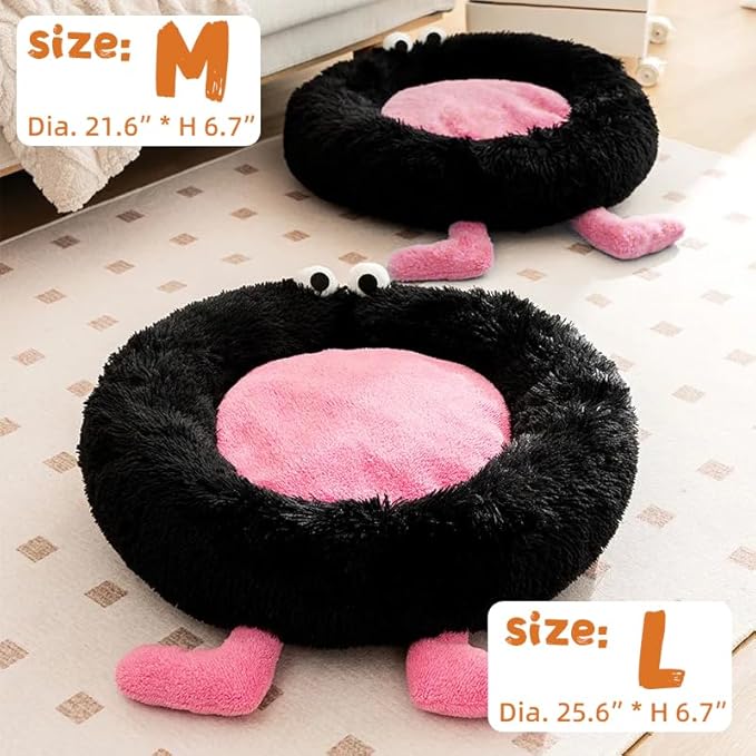 Calming Dog Cat Bed, Anti-Anxiety Donut Warming Cozy Soft Round Bed, Machine Washable, Fluffy Faux Fur Plush Cushion Bed for Small Medium Dogs and Cats 25.6 in