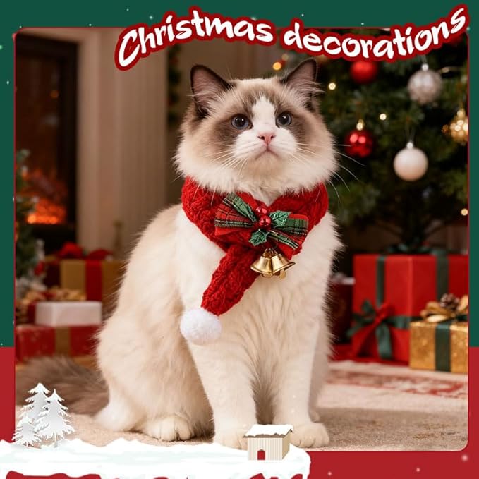 Holiday Scarves for Small Dogs Cats Christmas Pet Bandanas for Dogs Cats Neck Accessories Cat Neckerchief Costume for Pets Puppy Bandana Scarf Red Bow Scarf for Dog Bandana with Bell Cat Xmas Apparel