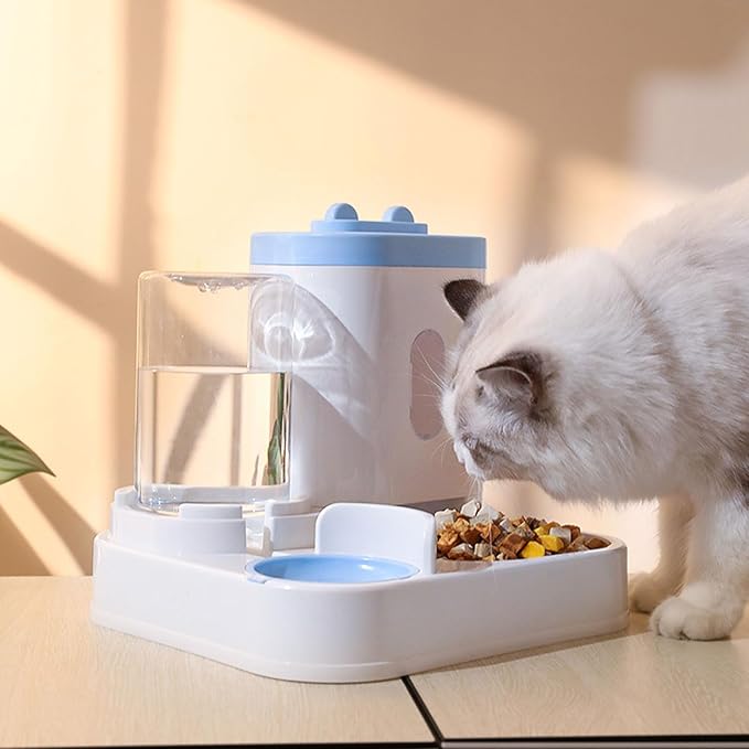 2 in 1 Automatic Cat Feeder and Water Dispenser, Large Capacity Self Feeding Dog Food Dispenser Gravity Food Bowl with 1l Water Tank for Multiple Pets (Blue)