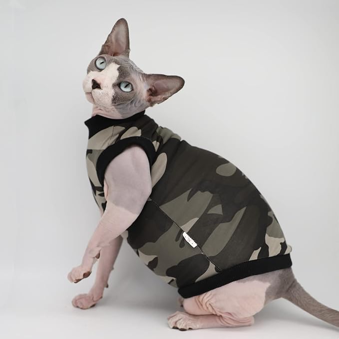 Sphynx Hairless Cat Summer Cotton T-Shirts Cat Vest Pet Clothes,Round Collar Vest Kitten Shirts Sleeveless, Cats & Small Dogs Apparel (XX-Large, Black Camo)