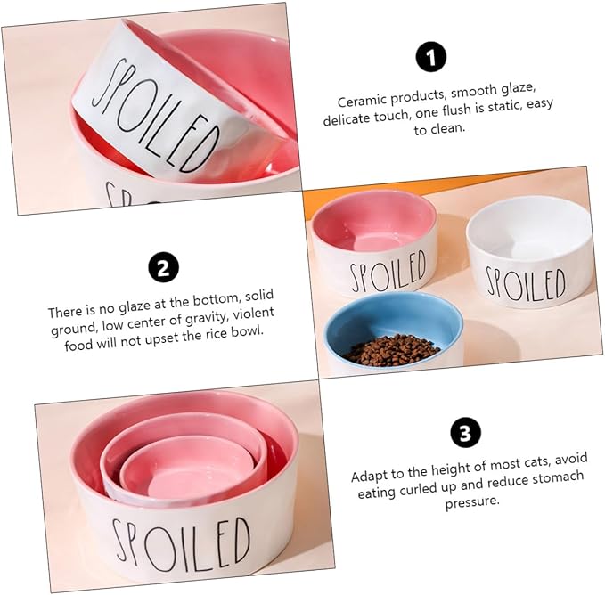 Mikikit Ceramic Pet Bowl with High Base Small Pink Color Non-Slip Cat Feeder Bowl for Indoor Feeding and Watering Supplies