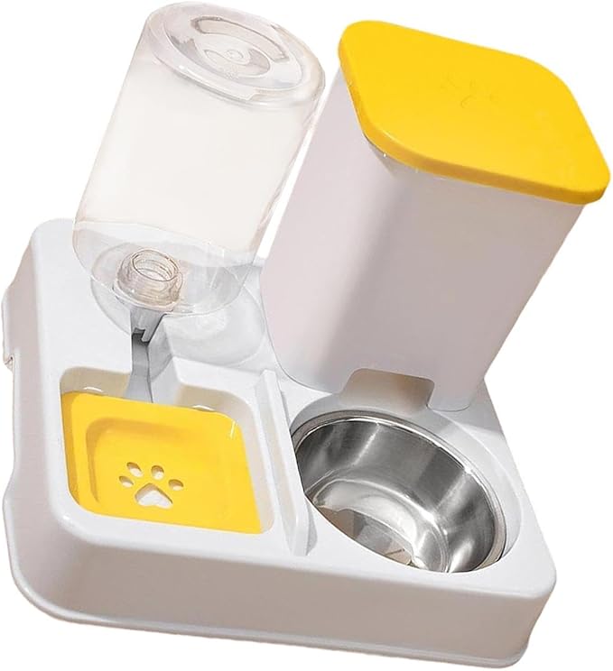 Automatic Dog Cat Feeder Dry Wet Food Separation Smooth Surface Removable Bowl for Small Animals Puppy- Yellow White
