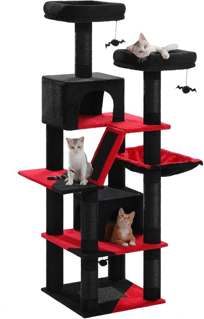 MUTTROS Gothic Cat Tree for Large Cats, 70.9" Tall Black Cat Tower with Coffin Bed, Cat Condo, Sisal Scratching Posts & Top Perch, Spider Hanging Ball, Multi-Level Spooky Cat Tree, Halloween, Black