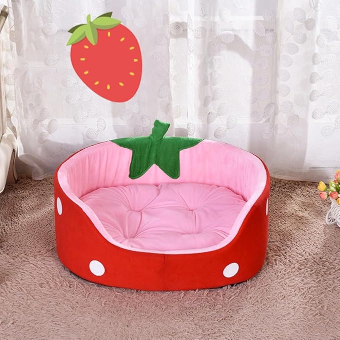 Strawberry Cat Bed, Cute Fluffy Pet Bed for Indoor Small Dogs, Pink Aesthetic Fancy Cat Sofa Couch with Removable Washable Cushion, Cozy Winter Puppy Bed for Teddy Poodle (M)
