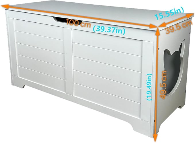 White Cat House with Hideaway Litter Box, Dog Proof Litter Boxes, Cabinet for Large Cats, Hidden Litter Box Cover, Cat Washroom, Enclosure Furniture.