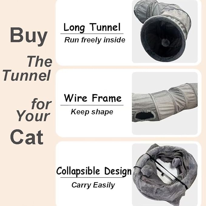 Cat Tunnel Tube Toy Collapsible 2 Way Grey Fleece, Pet Tunnels for Indoor Cats, Long Tubes for Puppy, Kitty, Kitten, Rabbit for Playtime & Exercise with Interactive Ball and Wand Toys Kit