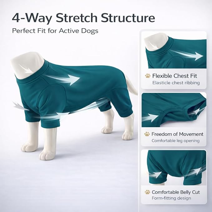 Lovelonglong Dog Full Bodysuit – Stretchy Yoga Fabric 4-Leg Dog Pajamas, Breathable & Lightweight Dog Onesie for Indoor & Outdoor, Shedding Control & Travel Wear