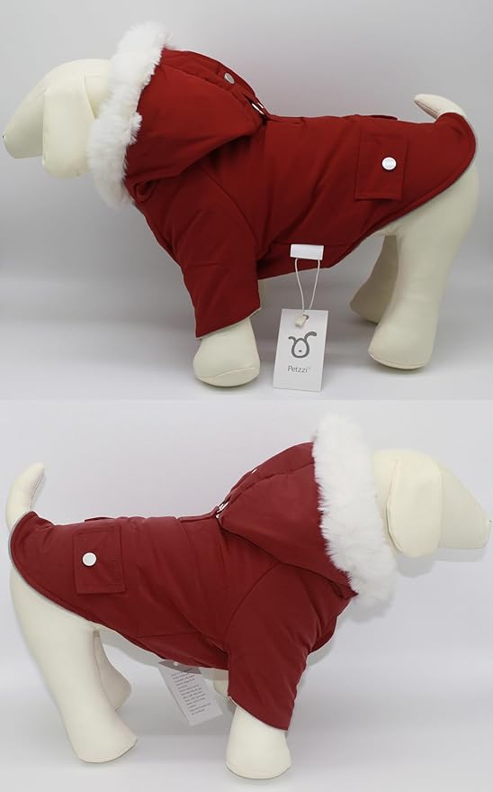 Pet Warm Dog Coat for Winter Dog Clothes Hooded Dog Jacket for Small Puppies Medium Large Dog Cat Clothes Insulated Padded Snow Jacket for Cold Weather Faux Fur (Small, Dark Red)