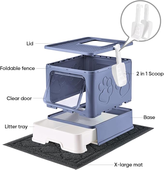 Medario Cat Litter Box with X-Large Litter Mat and Scoop, Large Covered Litter Box with Lid, Enclosed Kitty Box,Front Top Entry Exit, Odor Control Easy to Clean (Upgrade Midnight)