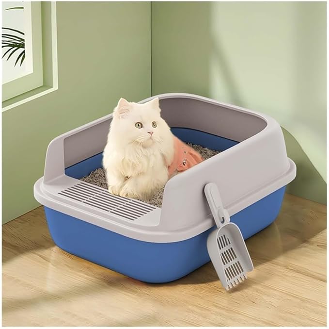 Pet Supplies, Semi-Open Cat Litter Box with High Sides, Anti-Splash & Easy to Clean(Blue,Medium)