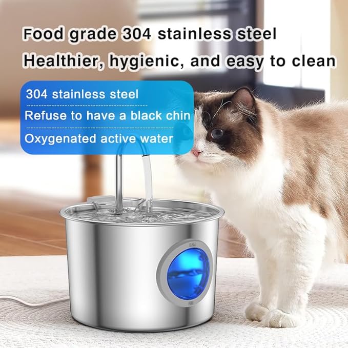Premium Cat Water Fountain - Whisper-Quiet, 304 Stainless Steel, Smart Pump for Hydration Obsessed Cats | 74oz, 6 Filters Included (74oz Fountain+6 Filters +6 Sponges)