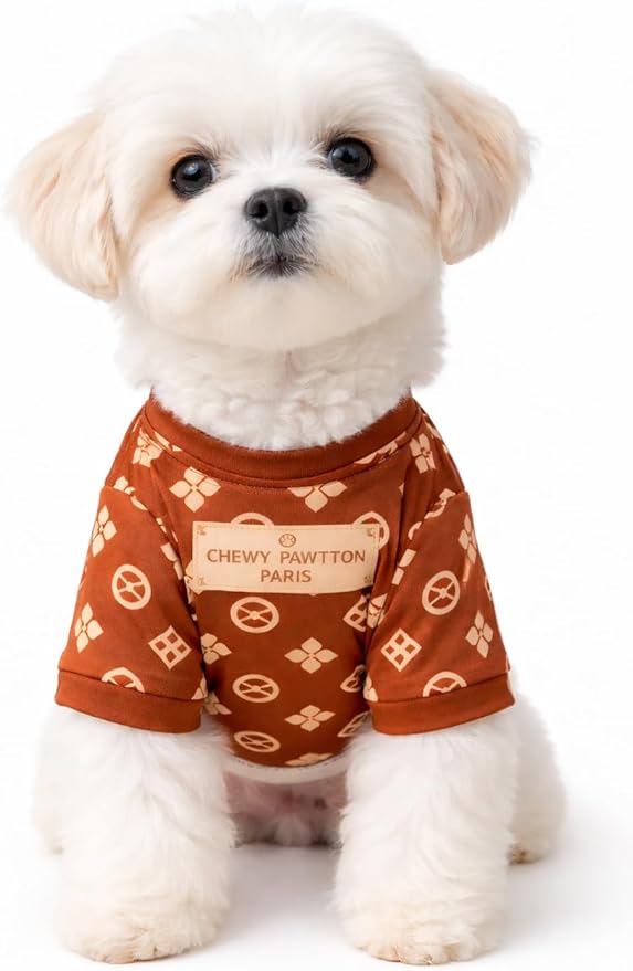 Luxury Designer Dog T Shirt – Trendy Puppy Clothes for Small Dogs, Fashion Pet Tee for French Bulldogs & Chihuahuas, Everything Chic Dog Apparel (ChewyPawttonTee, Medium)
