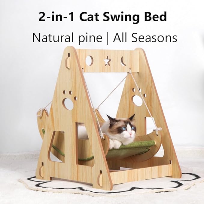 Wood Cat Hammock, Indoor pet Cat Swing Chair Bed Furniture for Sleeping, Playing, Climbing, Lounging, Easily Holds up to 20lbs