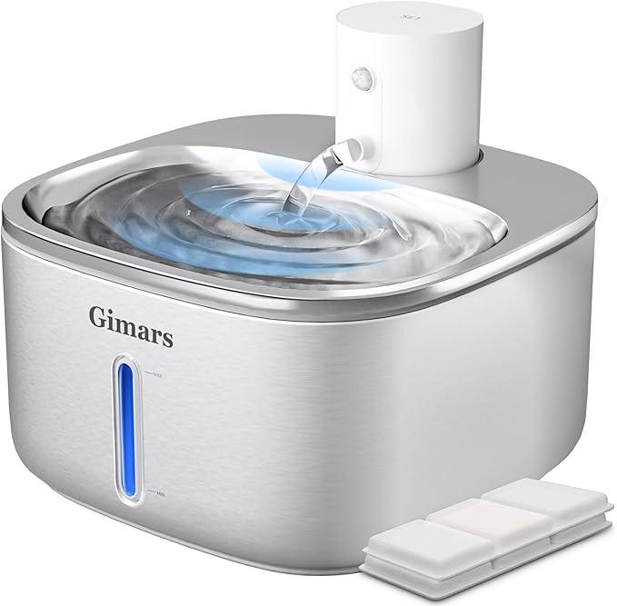 Gimars Wireless Cat Water Fountain Stainless Steel,108oz/3.2L Pet Water Fountain with Motion Sensor for Cats and Dogs, 5000mAh Battery Operated,Ultra Quiet Cat Drinking Fountain with 2 Filters