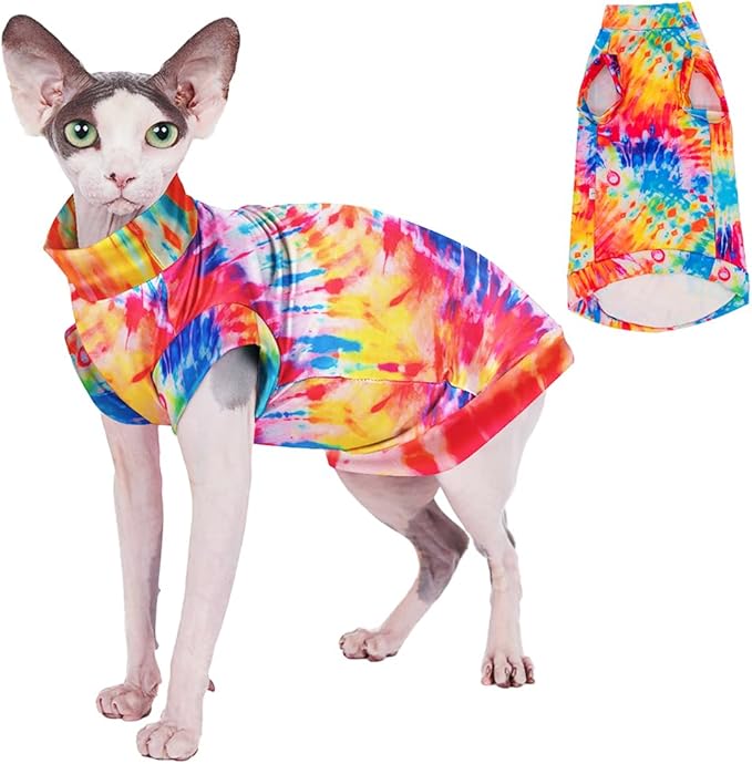 Sphynx Cat Tie Dye Shirt, Breathable Stretchy Cat Clothes, Soft Hairless Cats Shirt, Lightweight UPF50+ Sun Protection Shirt for Cats and Small Dogs (S (2-3.5lbs))