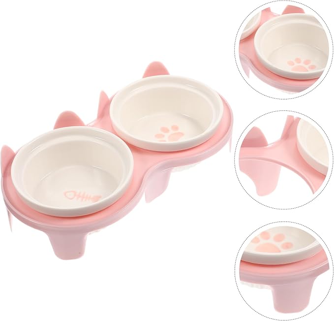Healifty Ceramic Elevated Cat Bowl Set with Dual Pink Thick Bowls and Sturdy Stand, Angled Feeding and Watering Dish for Indoor Cats, Neck Protection Pet Feeder