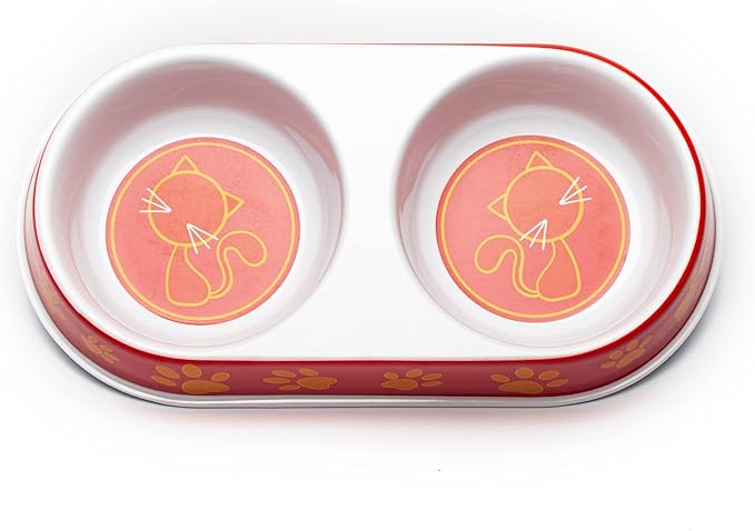 Petface Melamine Double Cat Food and Water Bowl, Orange, Red
