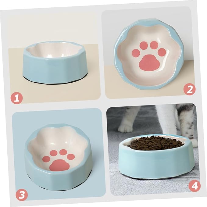 Kichvoe Ceramic Pet Feeder Bowl with Tilted Design, Blue Small Cat and Dog Food Dish, Cute Animal Paw Print Bowl for Indoor Feeding and Watering