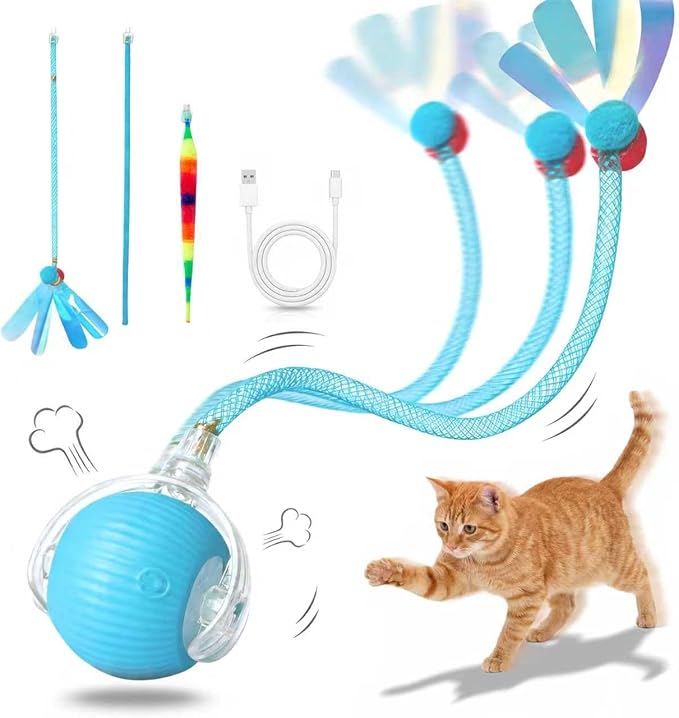 Rechargeable Smart Rolling Cat Ball, Automatic Interactive Cat Toy with 3 Modes, LED Light & 3 Replaceable Accessories, Indoor Cat Exercise Toy for Kittens & Adult Cats, for Boredom Relief Sky blue