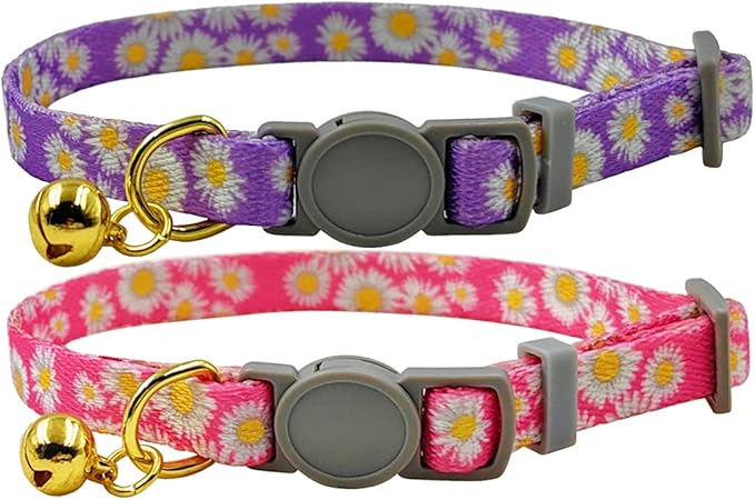 2 Pack Cat Collar, Daisy Floral Pattern, Breakaway Safe Release Buckle, Clear Bell, Polyester Material, for Adult Cats.(Pink+Purple)