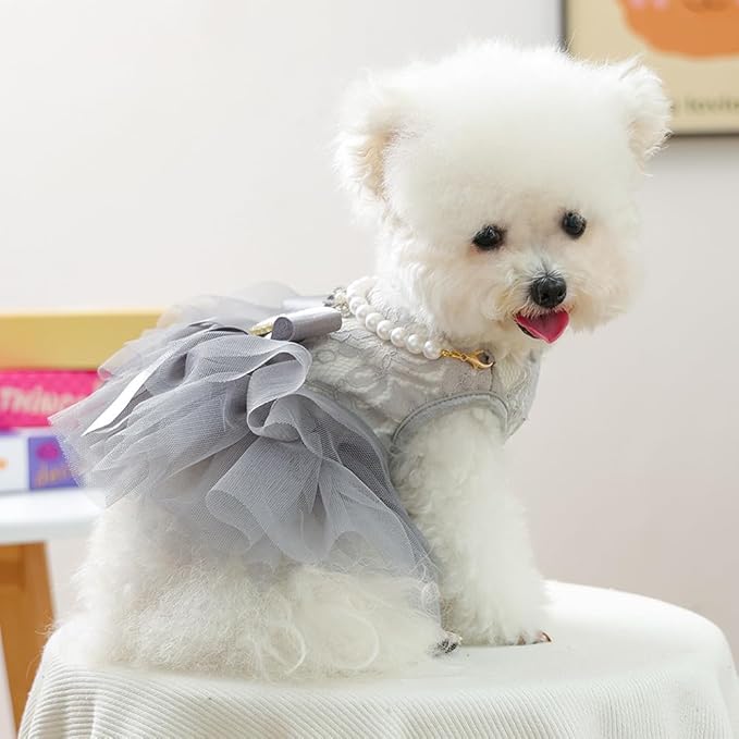 ANIAC Gray Dog Dress for Small Dogs Female,Bow Knot Girl Puppy Clothes with Detachable Pearl Necklace, Elegant Cat Dress, Formal Pet Pary Outfit for Wedding Birthday Valentines (Gray, Large)