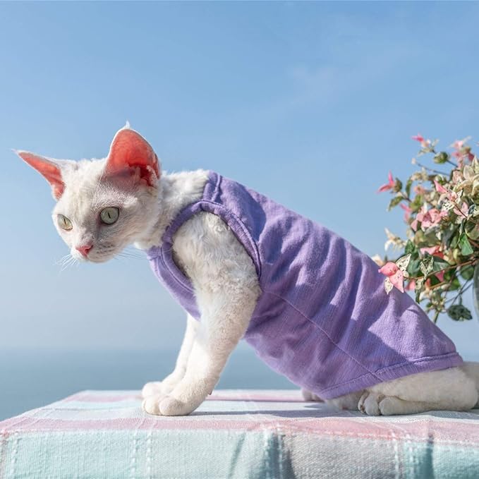 Hairless Cats Solid Cotton Camisole, Breathable Summer Tank Tops for Sphynx, Cornish Rex, Devon Rex, Peterbald, Cat Wear Hairless Cat Clothes Soft Skin-Friendly Cats Apparel Assorted Colors and Sizes
